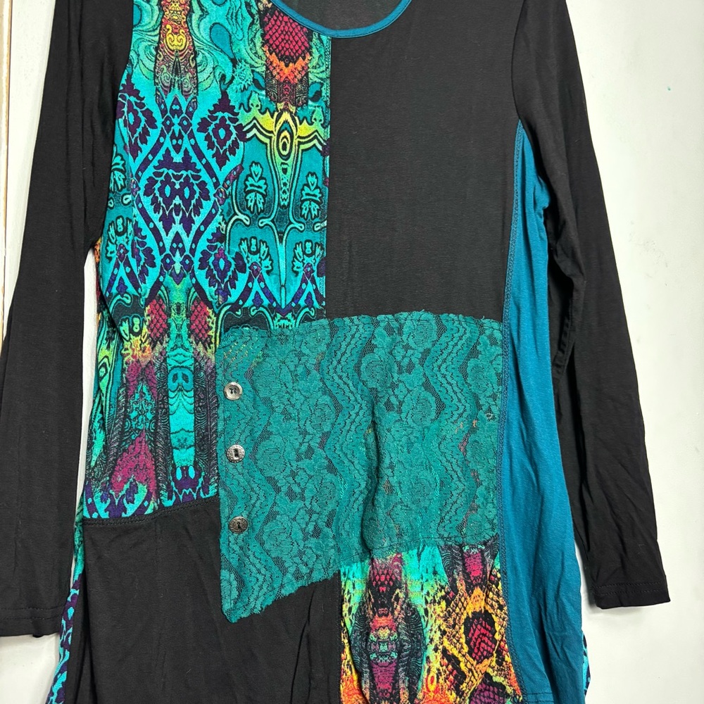 Kaktus black green abstract mixed media lace patchwork tunic blouse size M - Picture 3 of 8